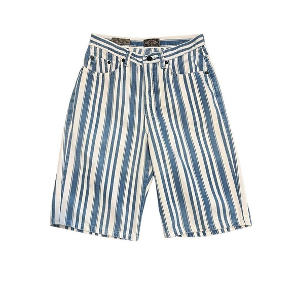 Vintage 90s Express High Rise Mom Blue Striped Knee Length Shorts Size 9/10 - Picture 1 of 9